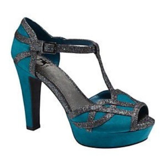 Gianni Bini GB You Wish Teal Suede Glitter Platform Pumps T-Strap Heels Sz 9 VGC - Picture 14 of 14